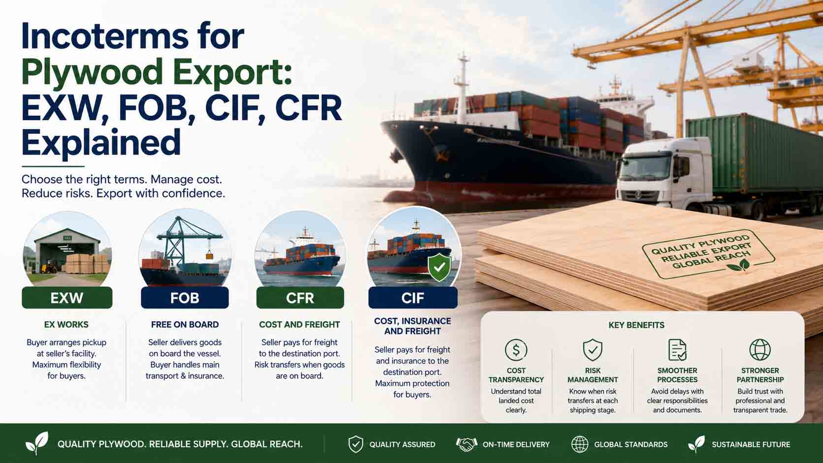 Incoterms for Plywood Export: EXW, FOB, CIF, CFR Explained