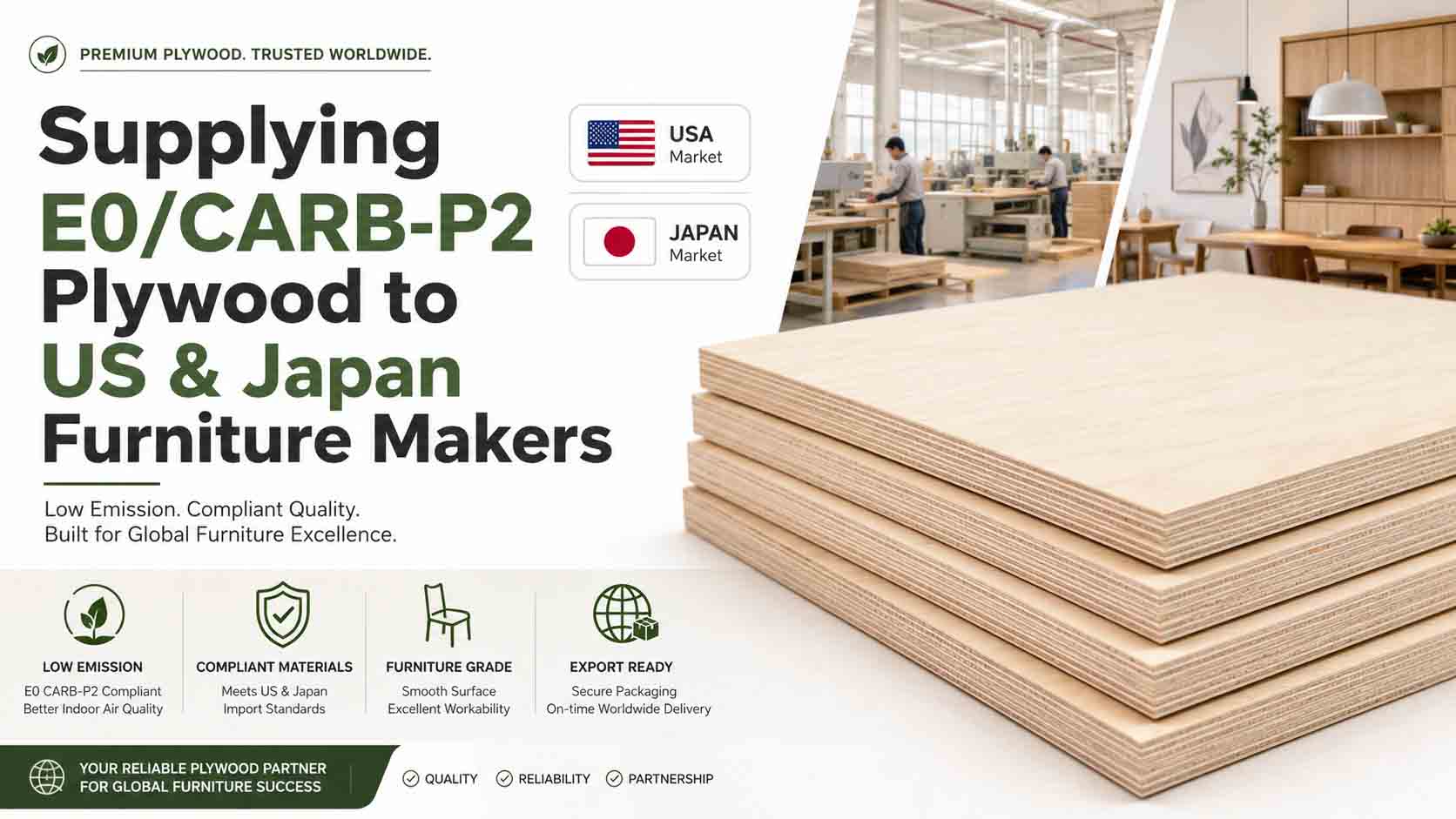 Supplying E0/CARB-P2 Plywood to US & Japan Furniture Makers